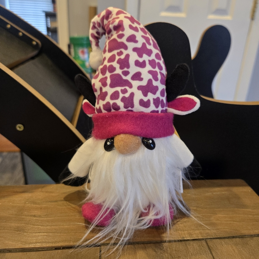 Pink and White Gnome Maverick The Cow Plush with Cow Print Pattern